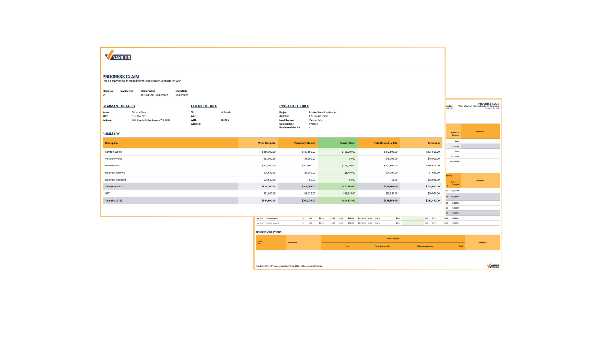 Sample payment claim documents generated by Varicon