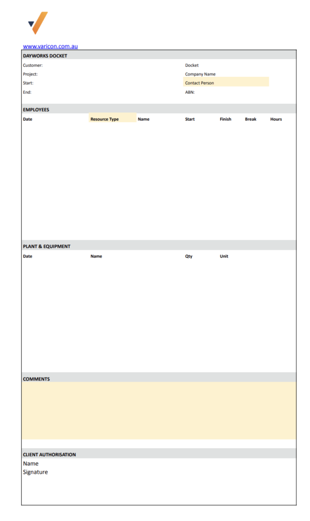 Free Dayworks Docket Template | Download | Doc | Excel