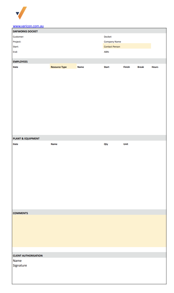 construction dayworks docket template