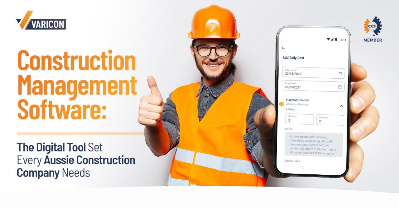 Construction worker showing construction management app on phone